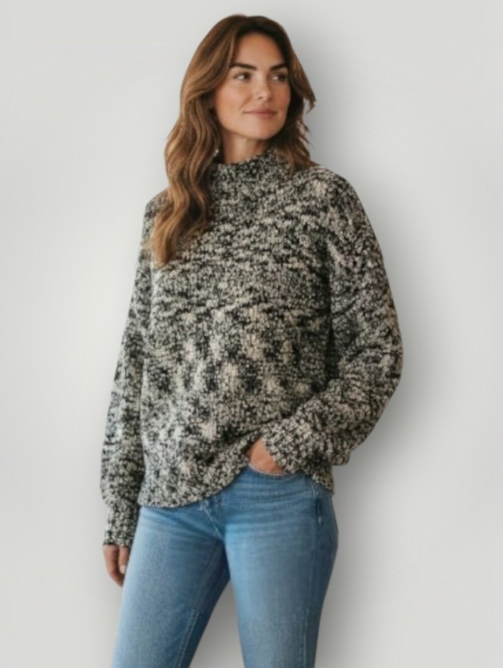 a Collective Story Boucle Tweed Turtleneck Sweater XL Black Cream Oversized New